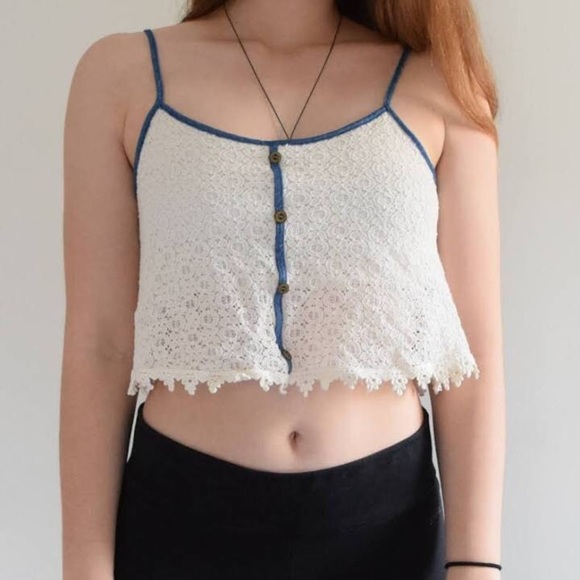 Paper Crane Tops - Paper Crane Chambray and Lace Crop Top